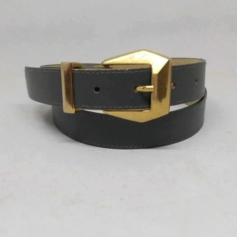 Ladies Gray Vegan Leather Fashion Belt-Gold Geometric Buckle-Classic-